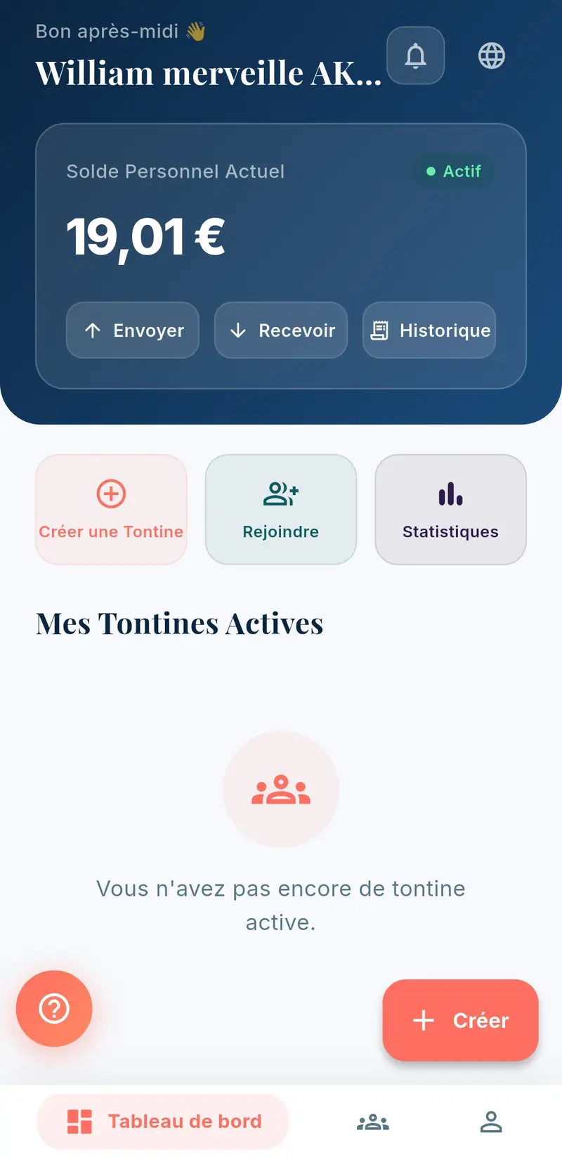Tableau de bord – Tontinéo